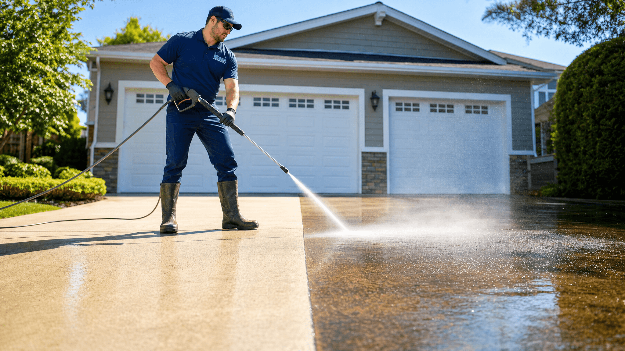 Professional power washing a driveway, dramatic clean vs. dirty contrast